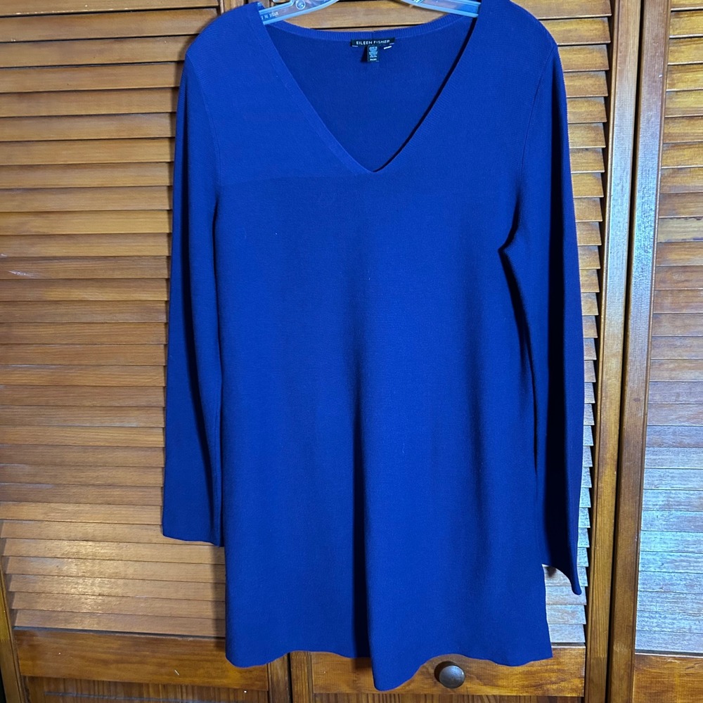 Eileen Fisher Royal‎ Blue Organic Cotton V-Neck Tunic Sweater Medium F16SRO